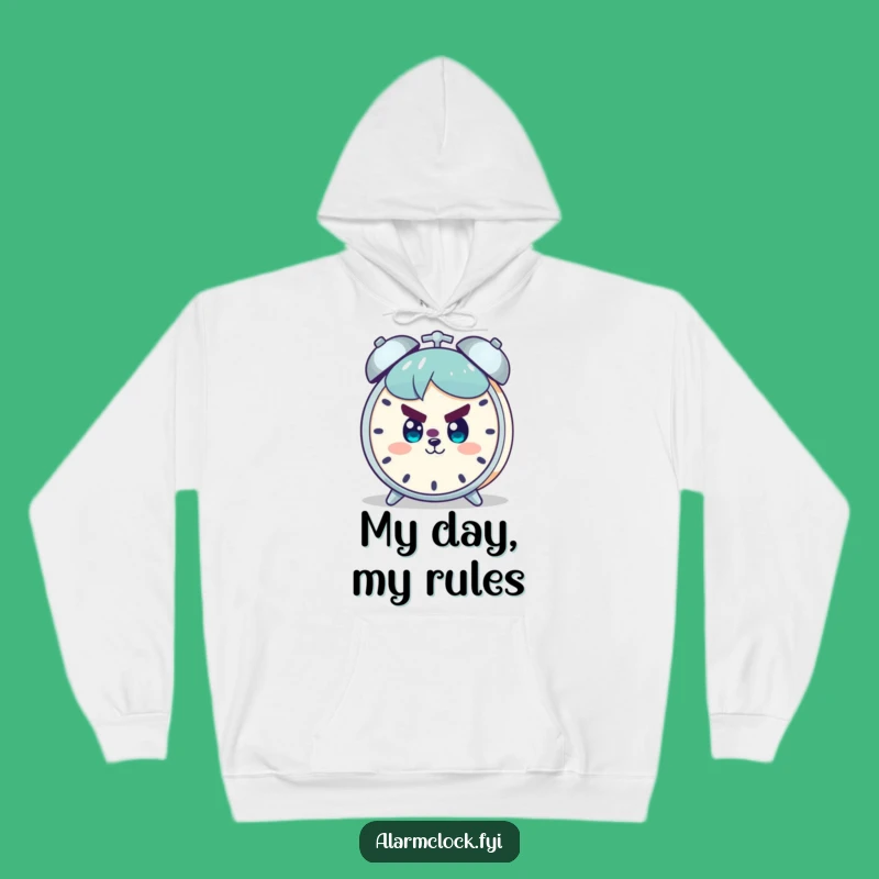 Funny Empowering Hoodie: Determined Character Smiles at Alarm Clock, Cozy and Funny Gift