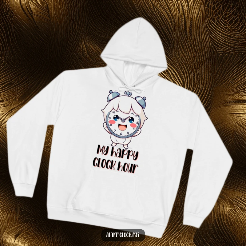 Funny hoodie with a cheerful character gleefully holding a clock face, radiating positivity. Excellent funny gift.