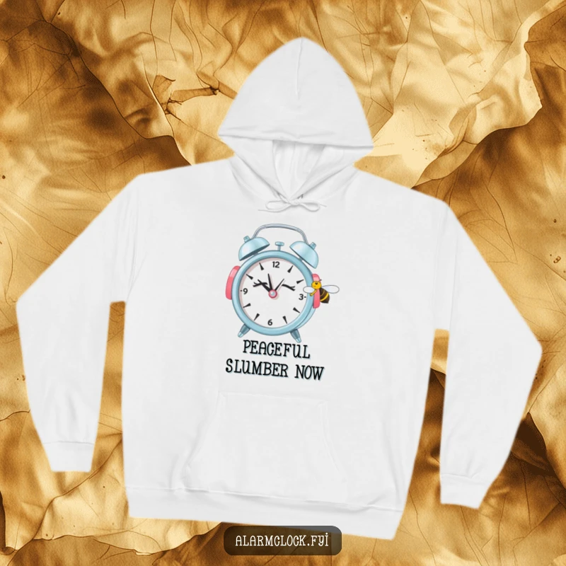 Funny hoodie featuring a sleepy alarm clock with earmuffs blocking out a tiny bee, representing a desire for peace and quiet.
