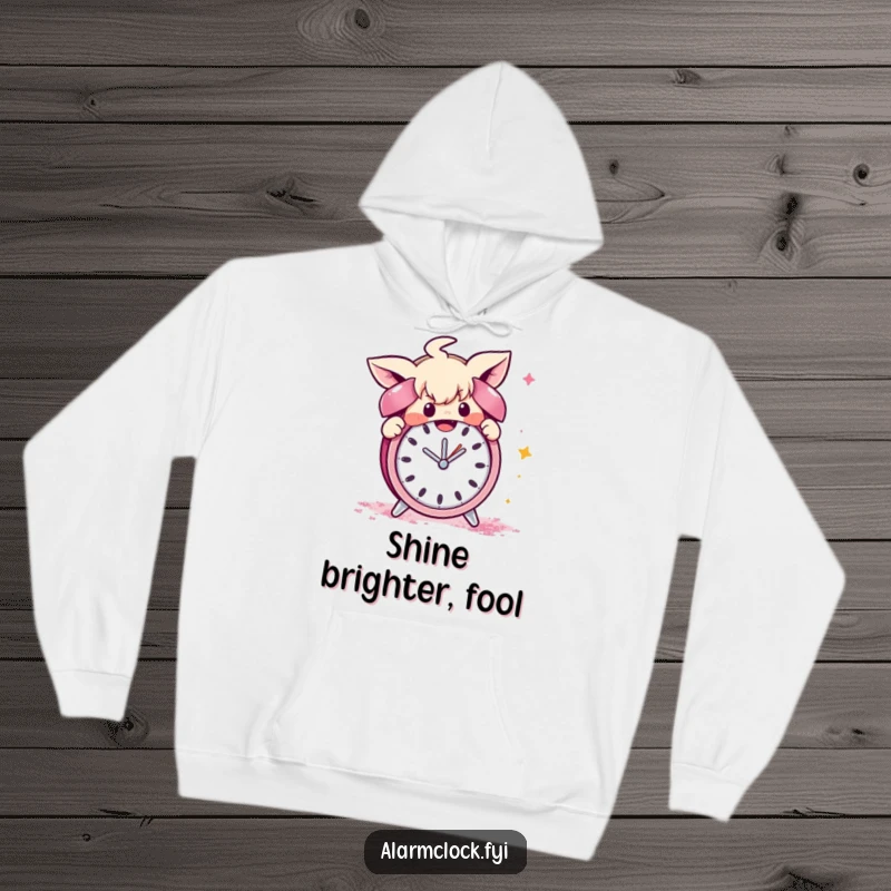 Funny hoodie featuring a mischievous character covered in glitter, sabotaging an alarm clock, perfect for cozy, playful moments.