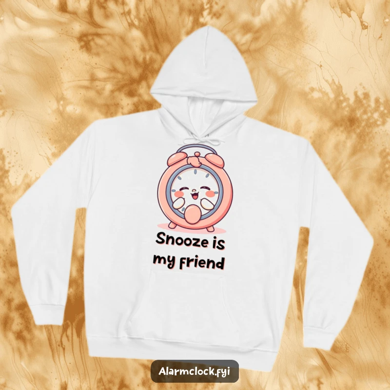 Funny hoodie with a character in stitches, playfully smacking a snooze button, perfect for cozy, humorous lounging.