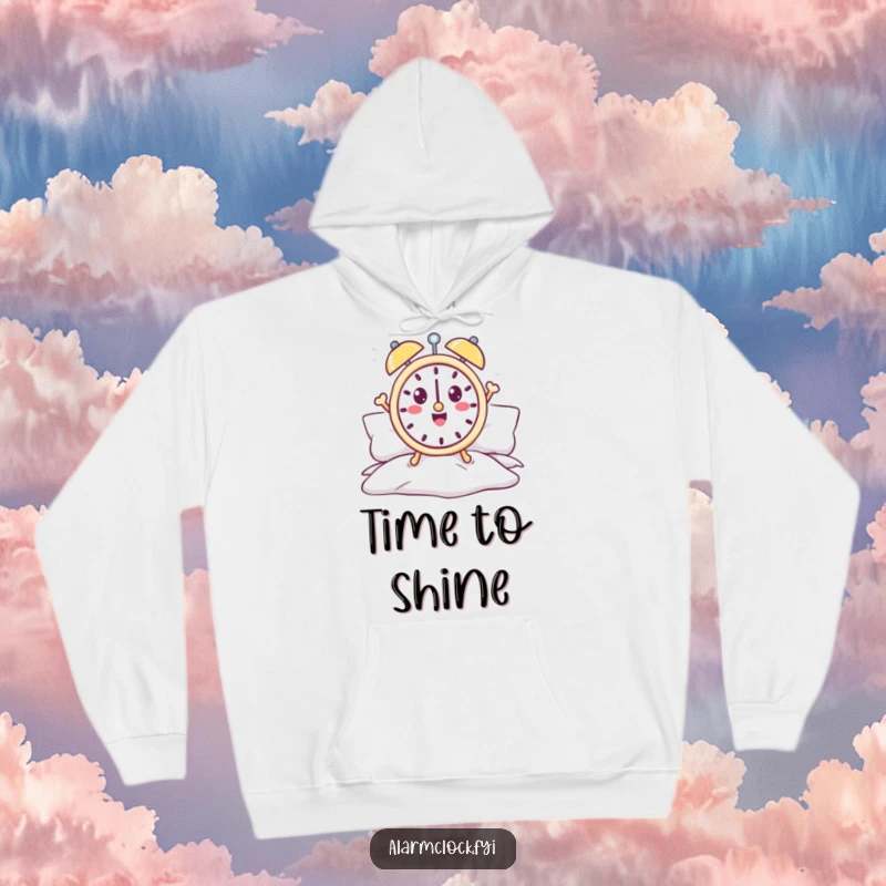 Funny alarm clock hoodie featuring a cheerful character bursting out of bed with morning energy.