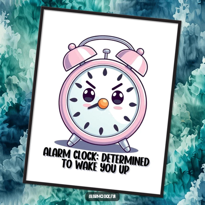 Funny Free Printable Wall Art: An alarm clock character with a determined expression, ringing loudly, exuding motivational humor. Downloadable art.