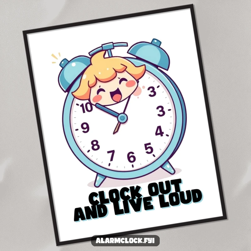 Funny Free Printable Wall Art: A happy character joyfully smashing a cartoonish alarm clock.
