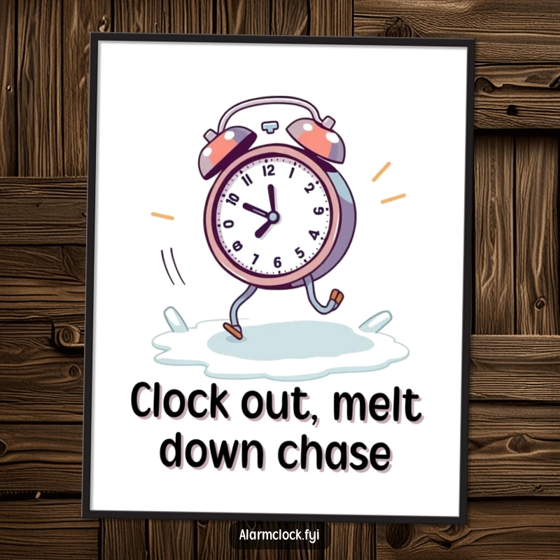 Funny Free Printable Wall Art: Frantic alarm clock with tiny legs running away from a melting ice cube.