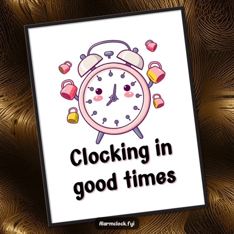Funny Free Printable Wall Art depicting a whimsical alarm clock character energetically juggling colorful bells.