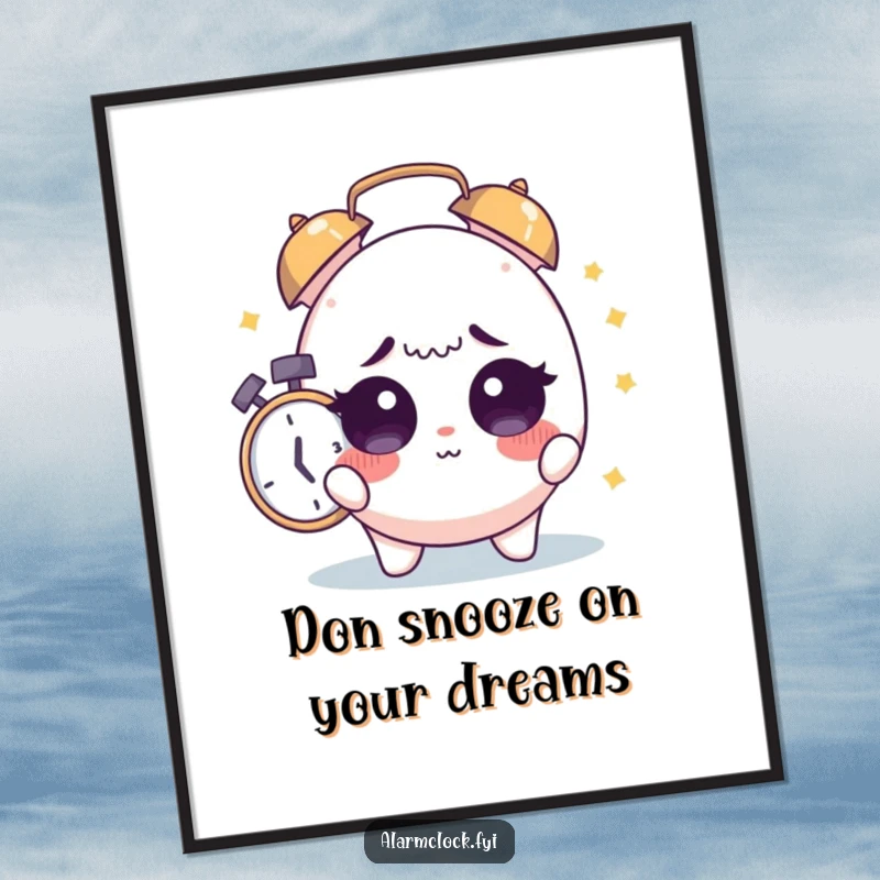 Funny Free Printable Wall Art: A cute character with wide, sleepy eyes is startled awake by a blaring alarm clock.