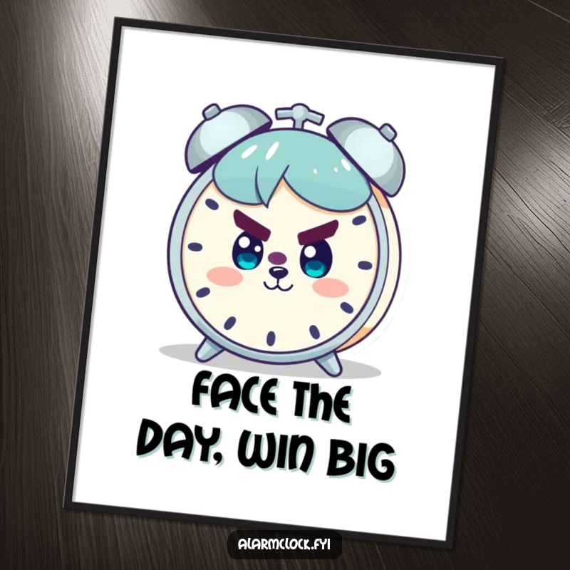 Free Printable Wall Art: Character with a determined, smiling expression facing an alarm clock, ready to embrace the day.