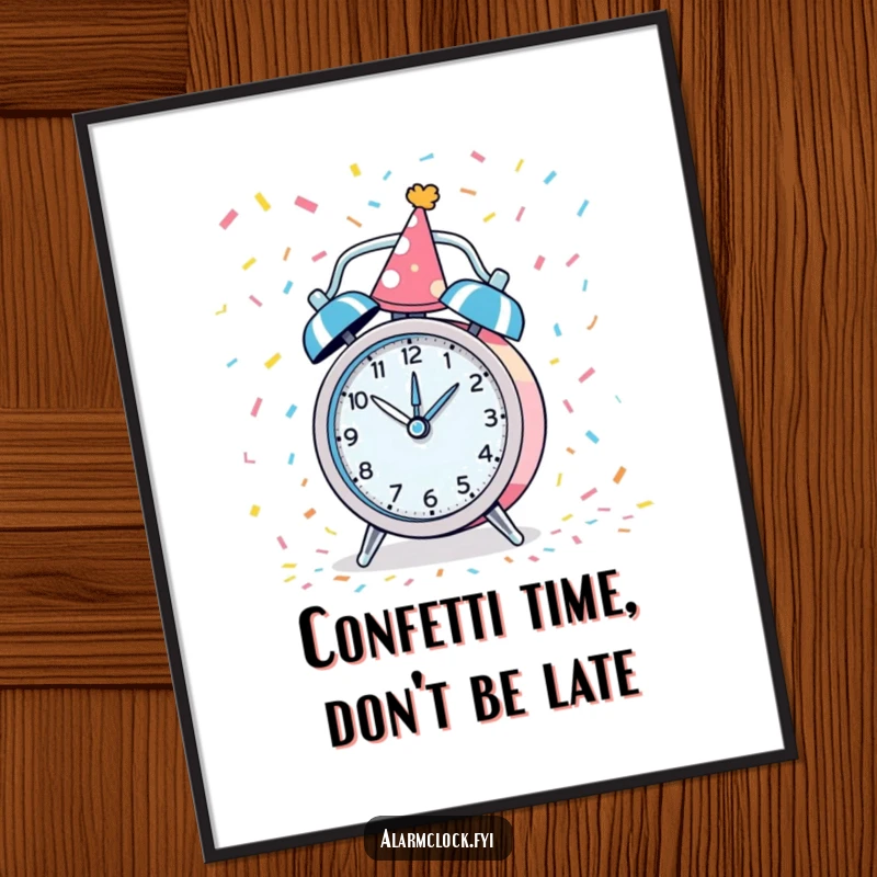 Funny Free Printable Wall Art: A tiny party hat wearing alarm clock spins wildly in a shower of confetti.