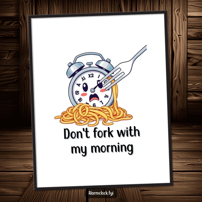 Funny Free Printable Wall Art: A startled alarm clock covered in spaghetti tries to dodge a fork. Culinary comedy!