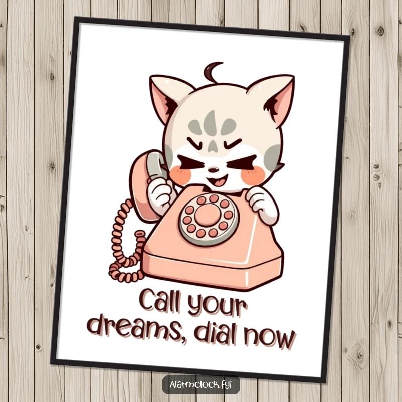 Funny Free Printable Wall Art: Mischievous character with a sly grin dialing a tiny, retro telephone.
