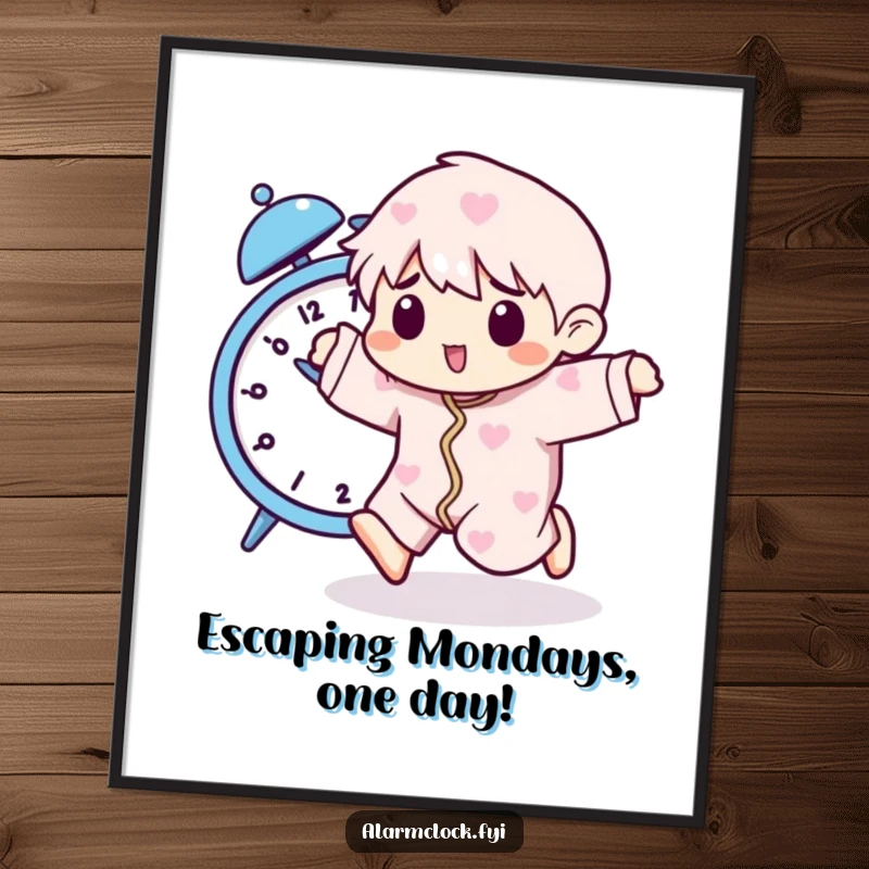 Funny Free Printable Wall Art: Character in pajamas playfully running from a buzzing alarm clock, a humorous morning scene.