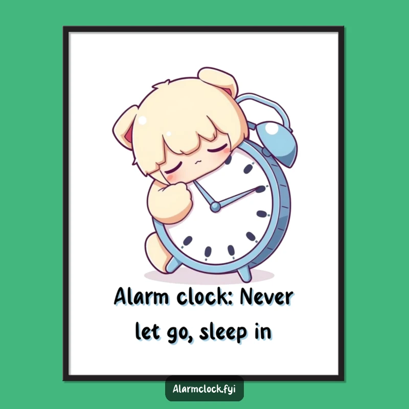 Free Printable Wall Art: Sleepy Character Hugs Alarm Clock Funny Humorous Downloadable Art