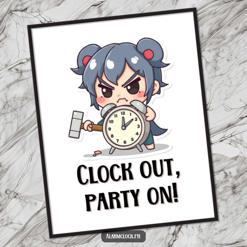 Funny Free Printable Wall Art: Determined character smashing a tiny alarm clock with a hammer, a humorous statement piece.