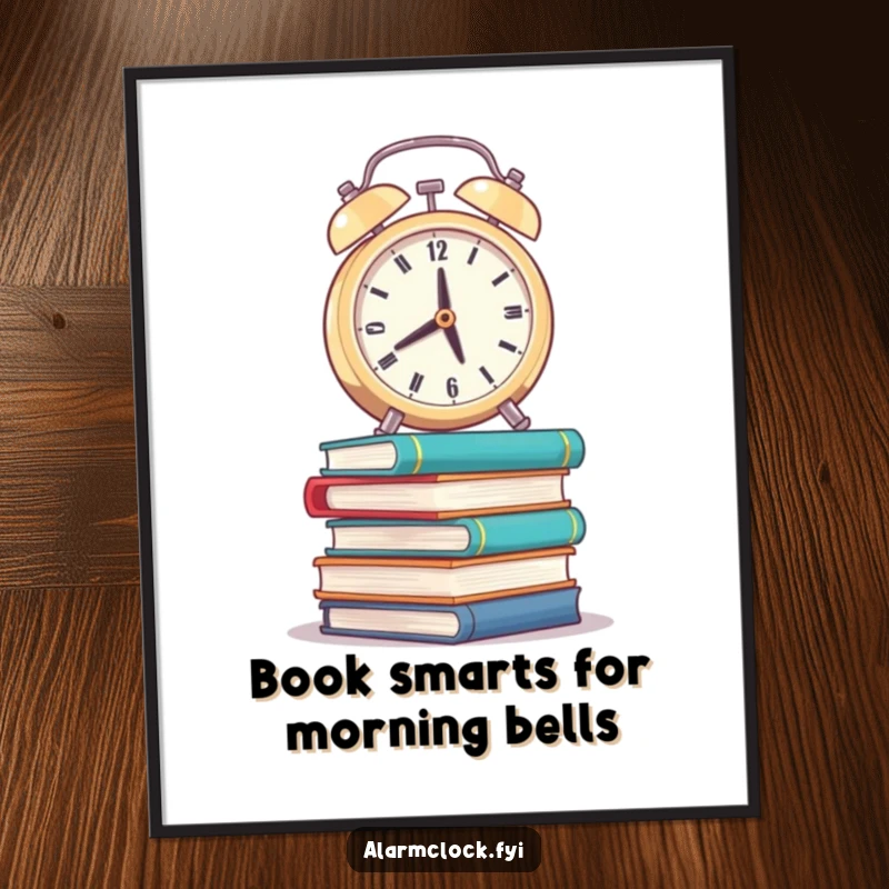 Funny Free Printable Wall Art: A weary alarm clock balances on a shaky stack of books, desperately trying to ring.