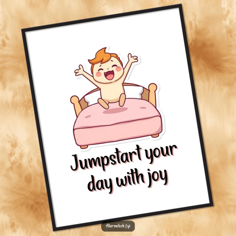 Funny Free Printable Wall Art: Character leaping joyfully out of a stylized bed, full of energy.