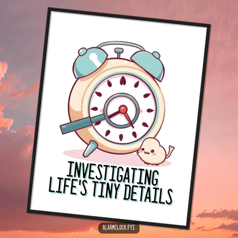 Funny Free Printable Wall Art of a curious alarm clock character closely inspecting a tiny dust bunny.