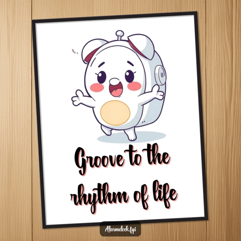 Funny Free Printable Wall Art: a cheerful character does a happy dance, grooving to the sound of an alarm.