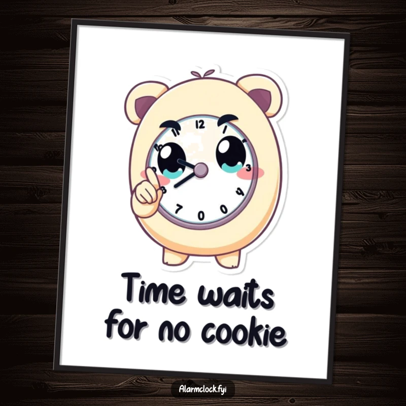 Funny Free Printable Wall Art: A determined character with wide, focused eyes, pointing an insistent finger at a ticking clock face, full of energy.
