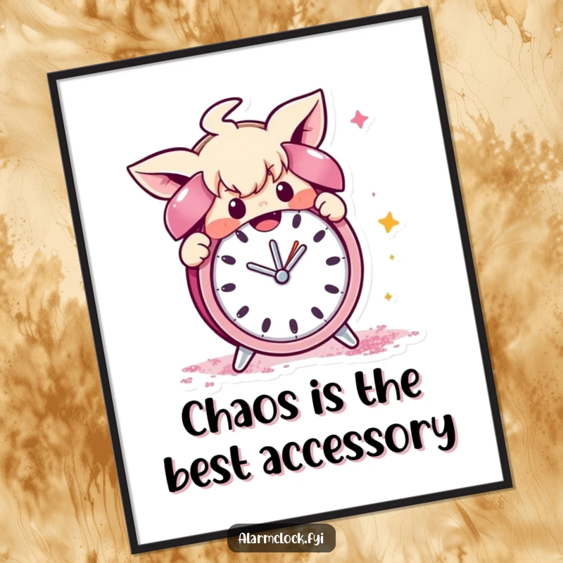 Free Printable Wall Art: Mischievous character gleefully covering an alarm clock with a cascade of glitter, a playful prank.