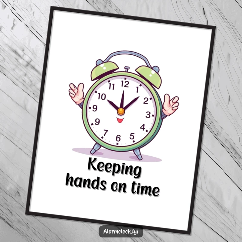 Funny Free Printable Wall Art: Round alarm clock attempting to juggle its own hands, whimsical DIY decor