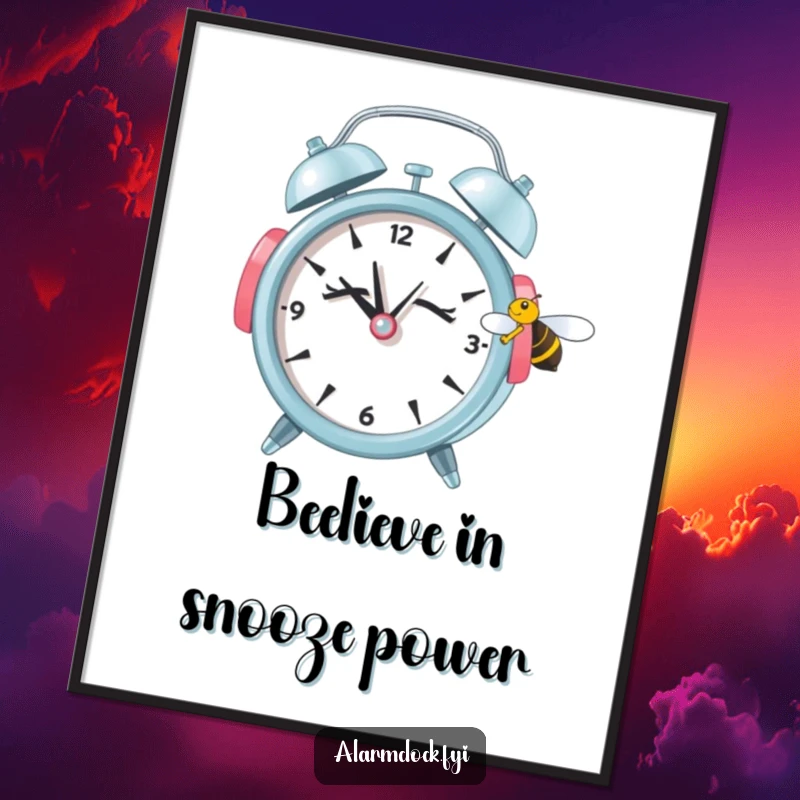 Funny Free Printable Wall Art: Sleepy alarm clock wearing earmuffs trying to ignore a tiny bee, humorous DIY decor