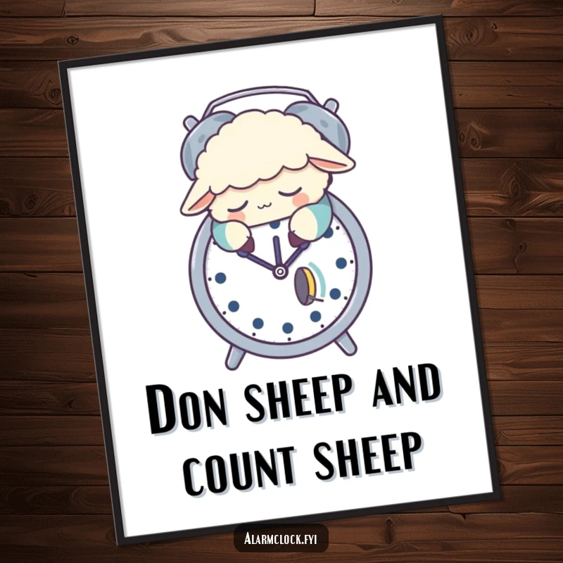 Funny Free Printable Wall Art: Sleepy sheep in pajamas snoozes on alarm clock, cute and cozy decor.