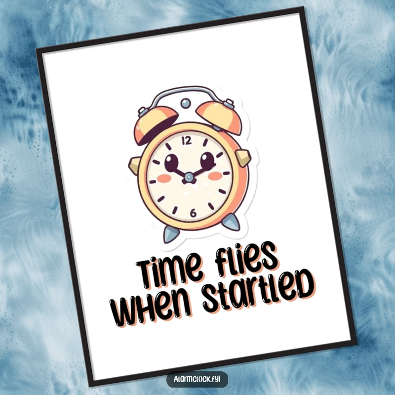 Funny Free Printable Wall Art: A cute alarm clock character leaping out of a bell with a shocked expression, perfect for quirky home decor.