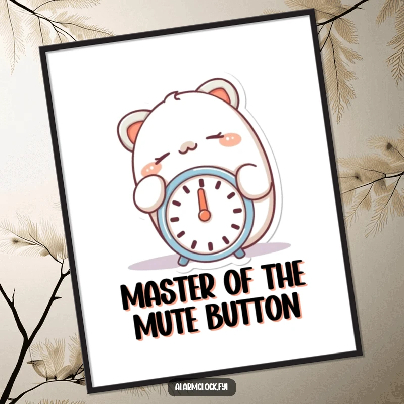 Funny Free Printable Wall Art of a happy character cheerfully snoozing, finger resting on a silent alarm clock.