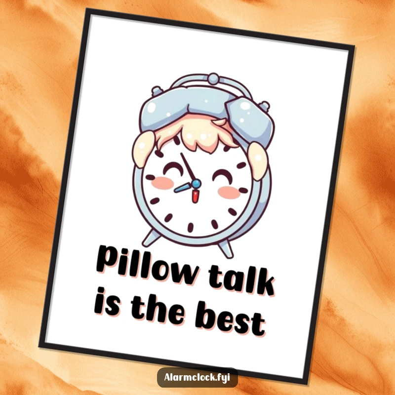 Funny Free Printable Wall Art of a surprised character using a pillow as a shield against a chiming alarm clock.