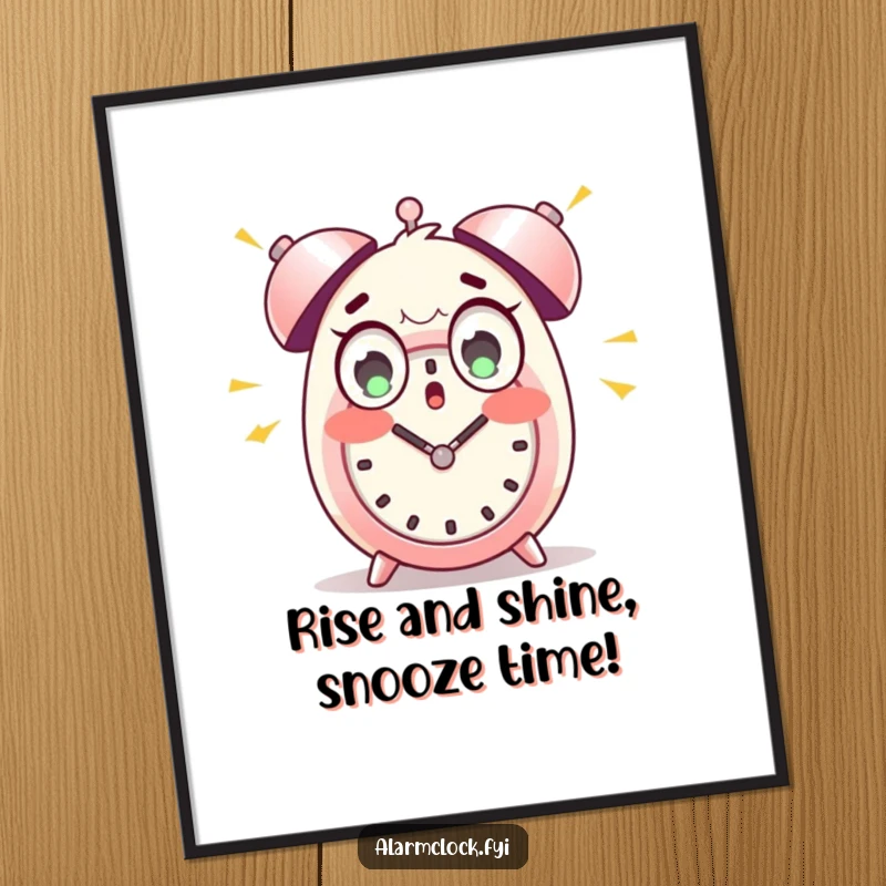 Funny Free Printable Wall Art: Wide-eyed character comically startled by loud alarm clock bells, perfect for a humorous decor piece.