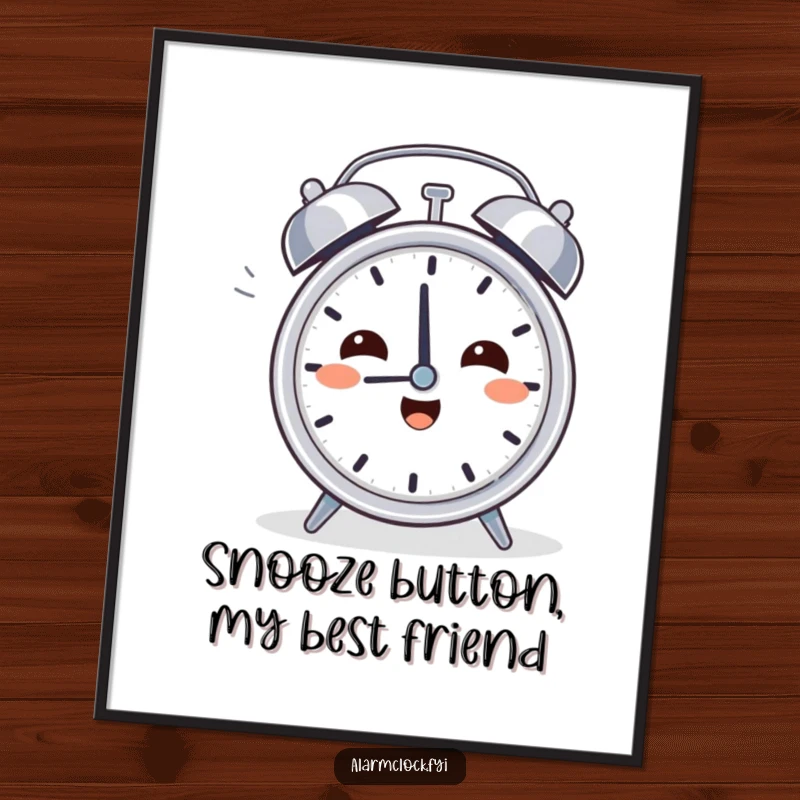 Funny Free Printable Wall Art: Character with a happy sigh turns off a loud, ringing alarm clock, embracing peaceful quiet.