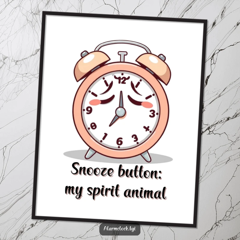 Funny free printable wall art of a tired character reluctantly hitting the snooze button on an alarm clock, humorous morning theme, downloadable decor.