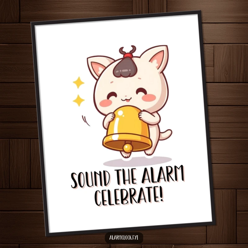 Funny Free Printable Wall Art: A cute character vigorously ringing a bell, symbolizing celebration and joy.