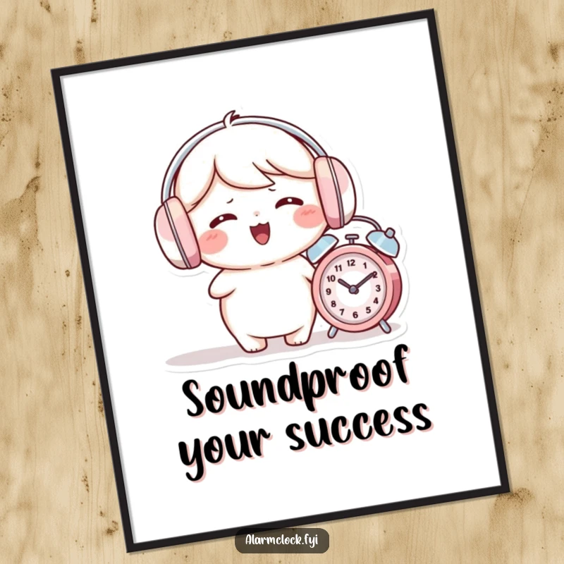 Funny Free Printable Wall Art of a giggling character wearing earmuffs, happily ignoring the sound of a nearby ringing alarm clock.