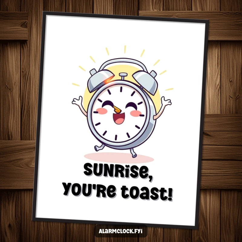 Funny Free Printable Wall Art: A cheerful alarm clock character joyfully dancing as the sun rises, creating a vibrant and uplifting piece of decor.