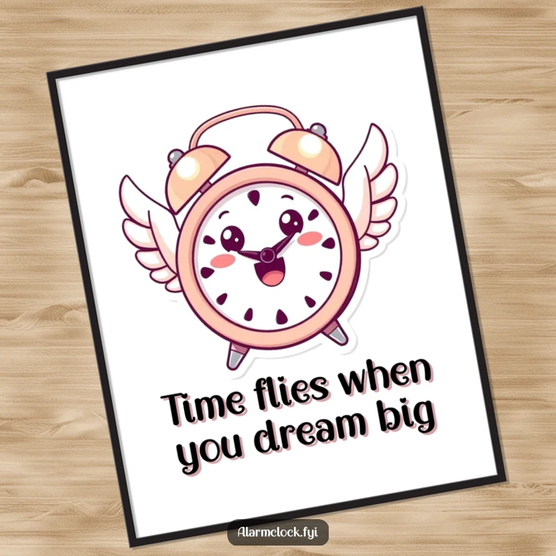 Funny Free Printable Wall Art: A cute, smiling alarm clock with wings joyfully takes flight against a soft background. Whimsical, timely decor.