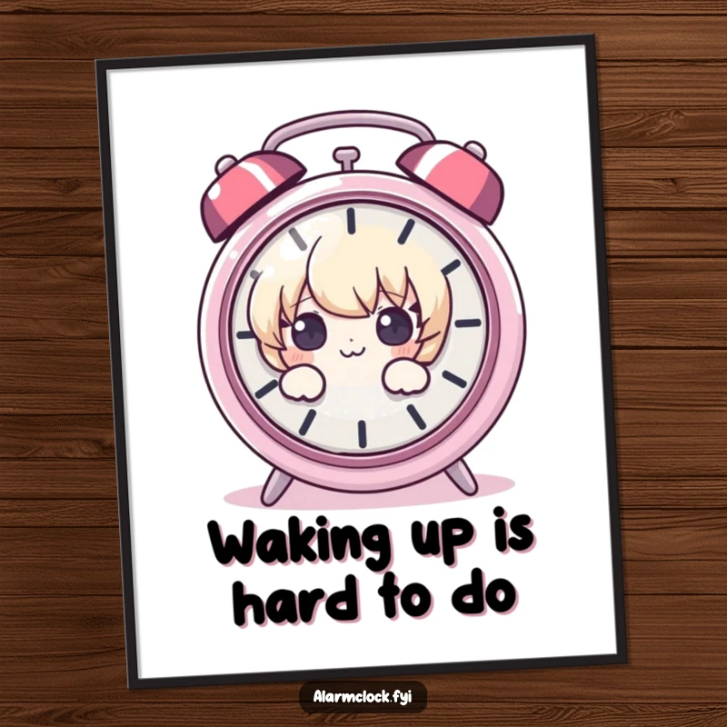 Funny Free Printable Wall Art: A curious character cautiously peeking through a loudly ringing alarm clock, humorous downloadable decor.