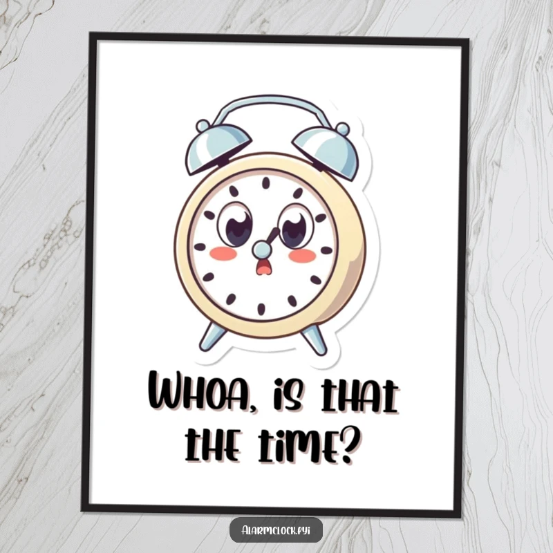 Funny Free Printable Wall Art: An alarm clock character with wide eyes, comically startled by its own ring, perfect for a humorous wall display.