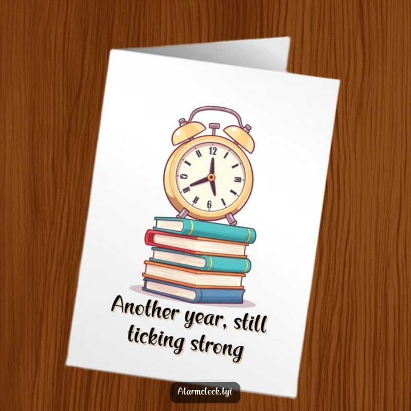 Funny Free Printable Birthday Card: A weary alarm clock wobbles on books, trying to ring. Hilarious struggle!