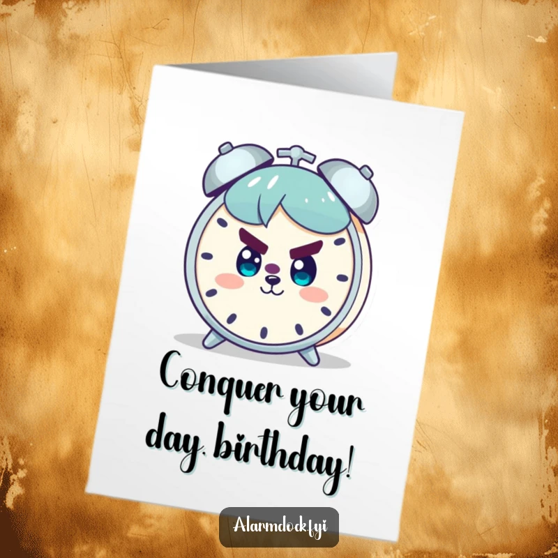 Funny Free Printable Birthday Card: Determined character smiling confidently at an alarm clock, ready to conquer the day.
