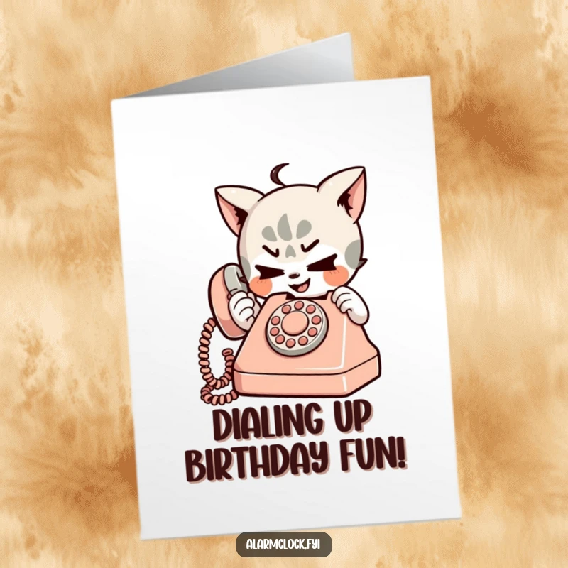 Funny Free Printable Birthday Card: Mischievous character playfully dialing a tiny, retro telephone.