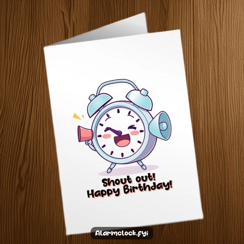 Funny Free Printable Birthday Card featuring a determined alarm clock character holding a megaphone and shouting.