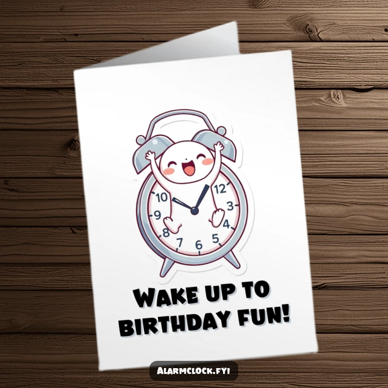Funny free printable birthday card showing a cheerful character joyfully leaping out of an alarm clock.