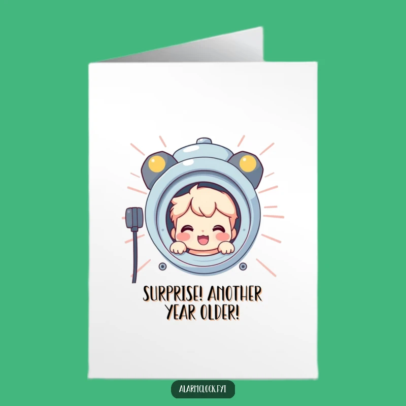 Free Printable Birthday Card: Peeking Alarm Character for a Surprise Laugh Gift