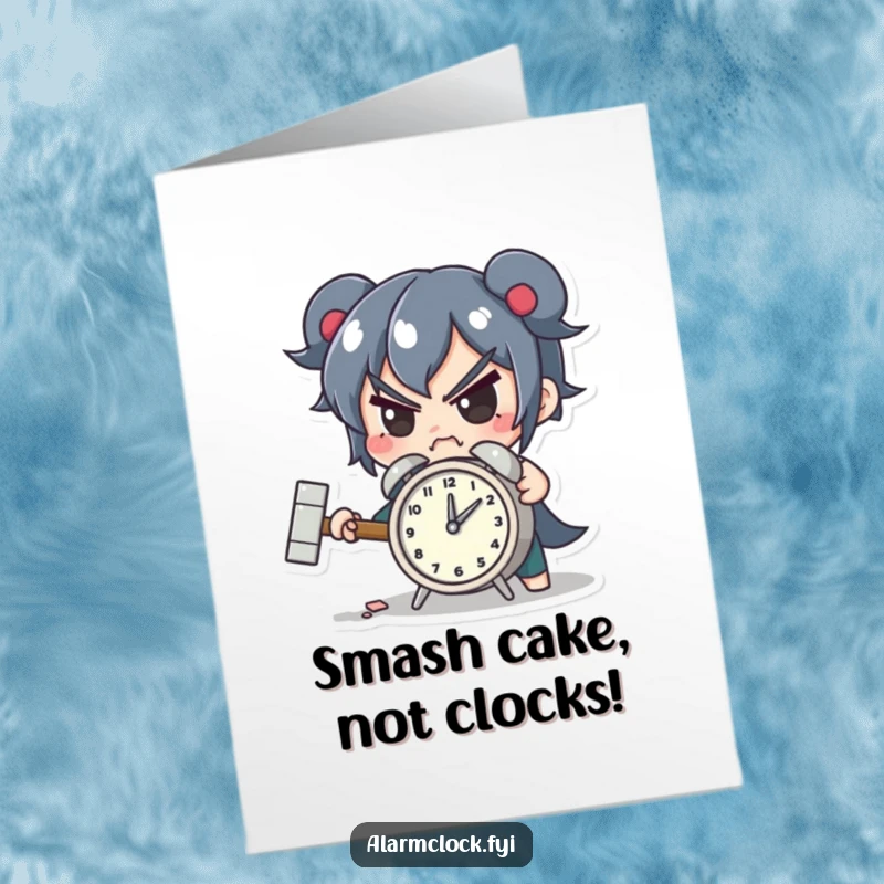 Funny Free Printable Birthday Card: Determined character smashing a tiny alarm clock with a hammer, a humorous act of defiance.