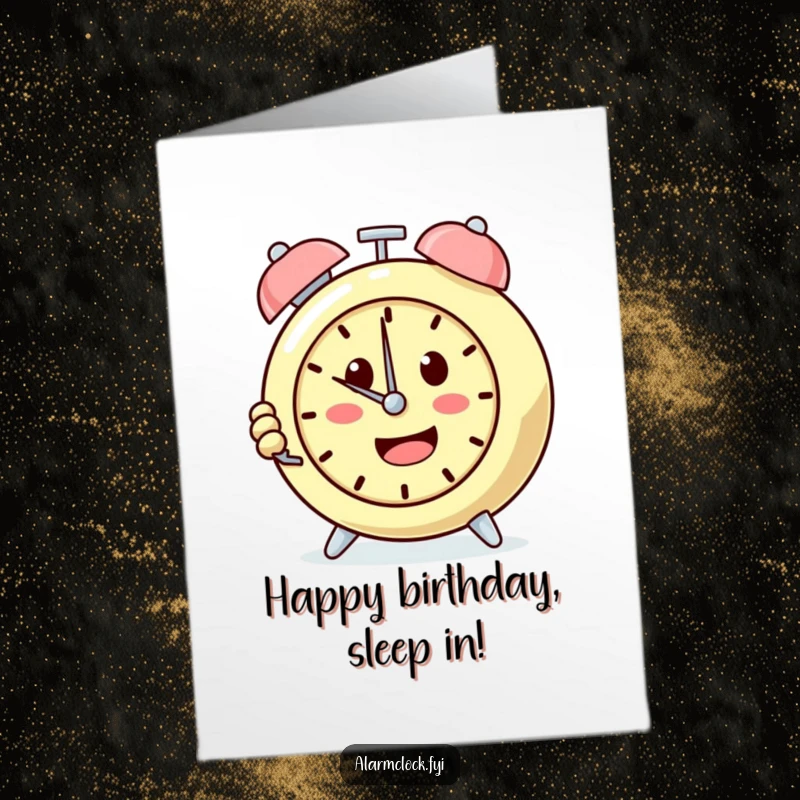 Funny Free Printable Birthday Card: A determined alarm clock character repeatedly hitting the snooze button with a happy face.