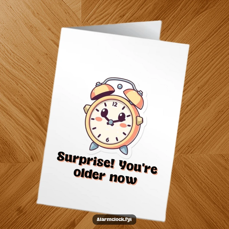 Funny Free Printable Birthday Card: Cute alarm clock character leaping from a bell, wide-eyed and startled, making it a humorous DIY gift.