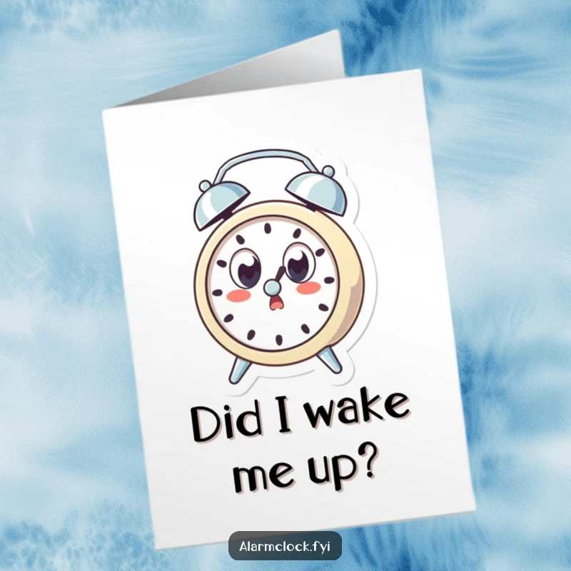Funny Free Printable Birthday Card: Surprised alarm clock character with wide eyes, startled by its own loud ring, perfect for a humorous DIY greeting.