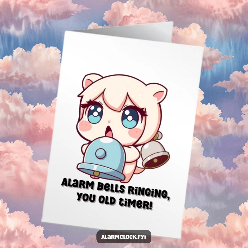 Funny Free Printable Birthday Card featuring a surprised character with wide eyes jolted by a ringing bell, ready to deliver laughs.